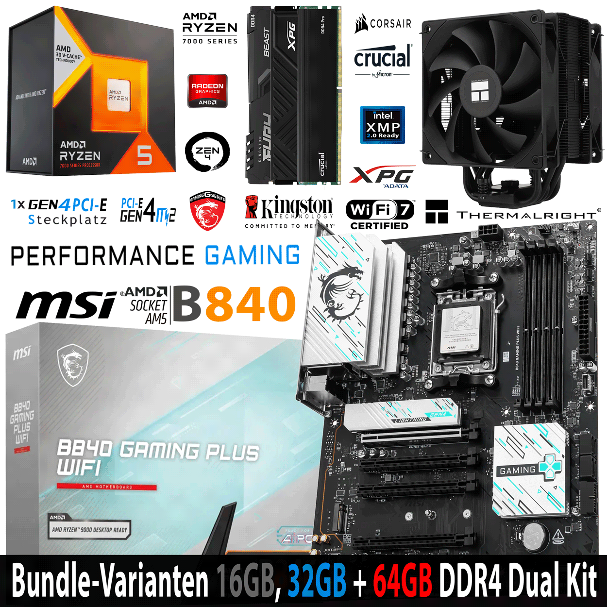 PC Bundle - AMD Ryzen 5 7600X3D - MSI B840 Gaming Plus Wifi7 - 16GB Kingston Fury Beast DDR4-3200 Kit