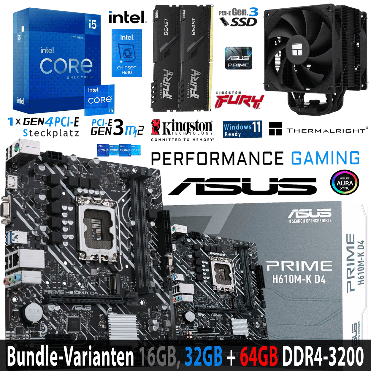 PC Bundle - Intel Core i5 12600K - ASUS Prime H610M-K D4 - 16GB Fury Beast DDR4-3200MHz Kit schwarz