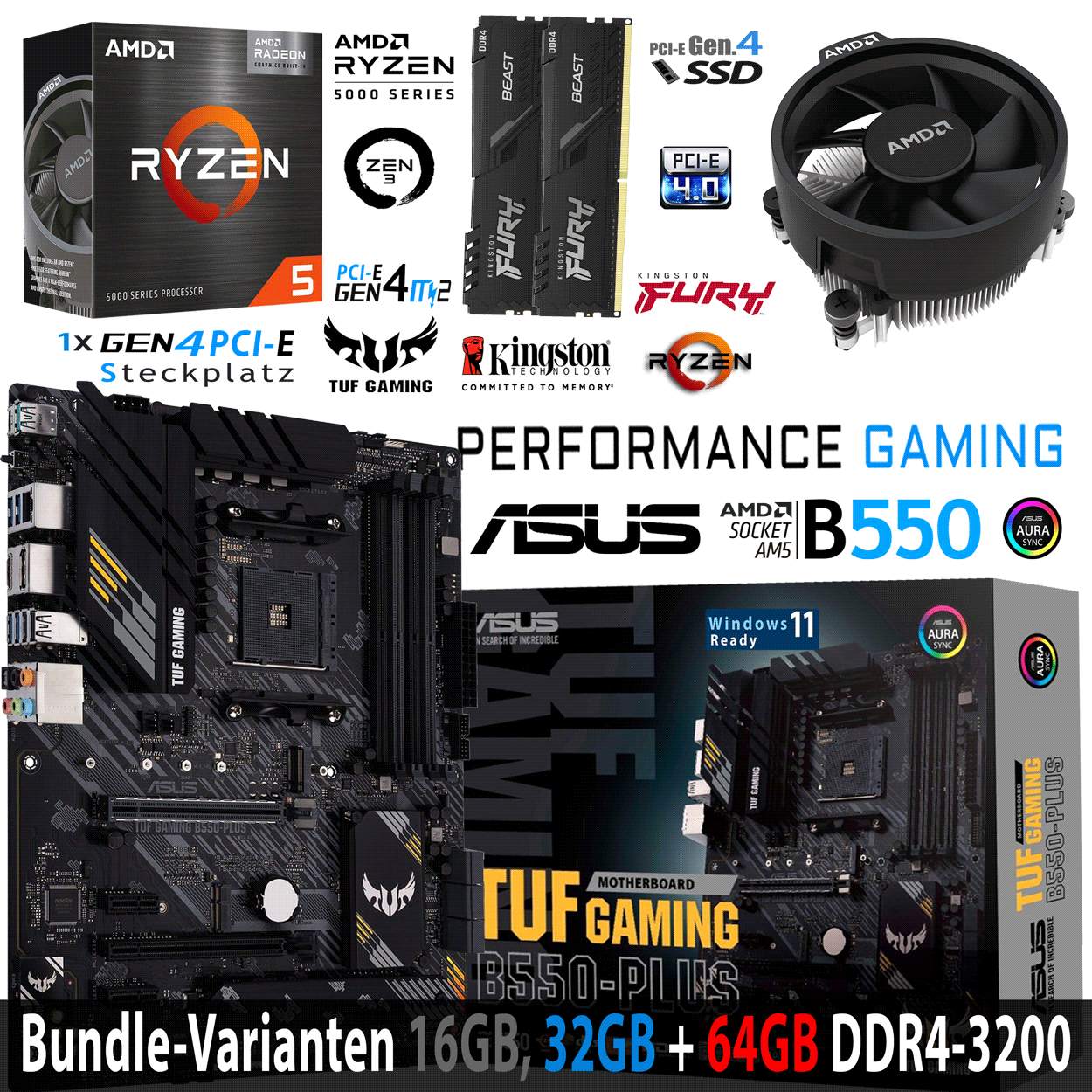 PC Bundle - AMD Ryzen 5 5500GT - ASUS TUF GAMING B550-PLUS - 16GB DDR4-3200 Dual Kit schwarz 