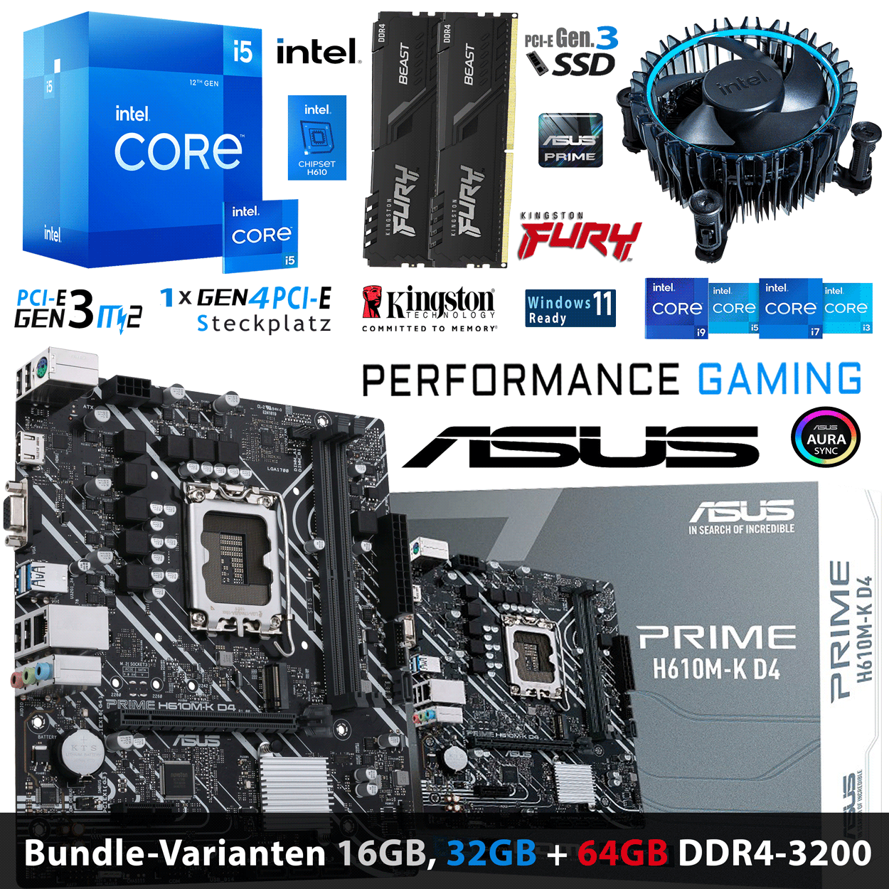 PC Bundle - Intel Core i5 12400 - ASUS Prime H610M-K D4 - 16GB Fury Beast DDR4-3200MHz Kit schwarz