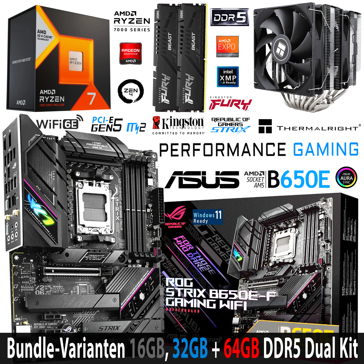 PC Bundle - AMD Ryzen 7 7800X3D - Asus Rog Strix B650E-F Gaming - 16GB Kingston Fury Beast DDR5-6000 Kit