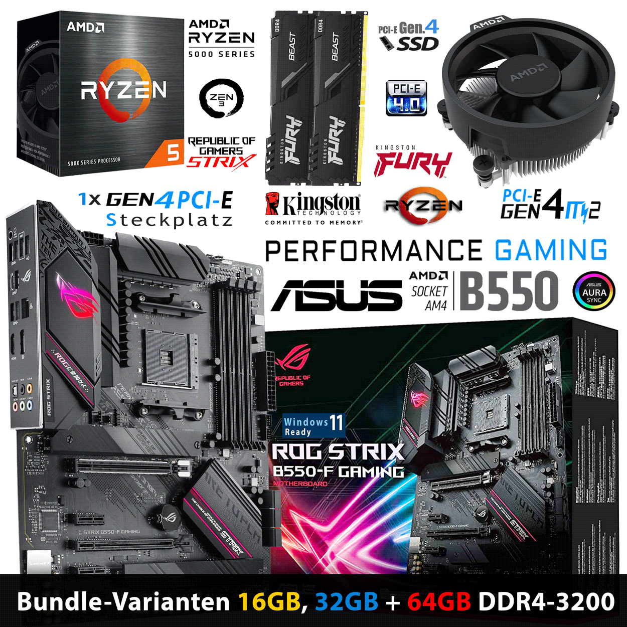 PC Bundle • AMD Ryzen 5 5600X • Asus Rog Strix B550-F Gaming • 16GB DDR4-3200 Dual Kit schwarz