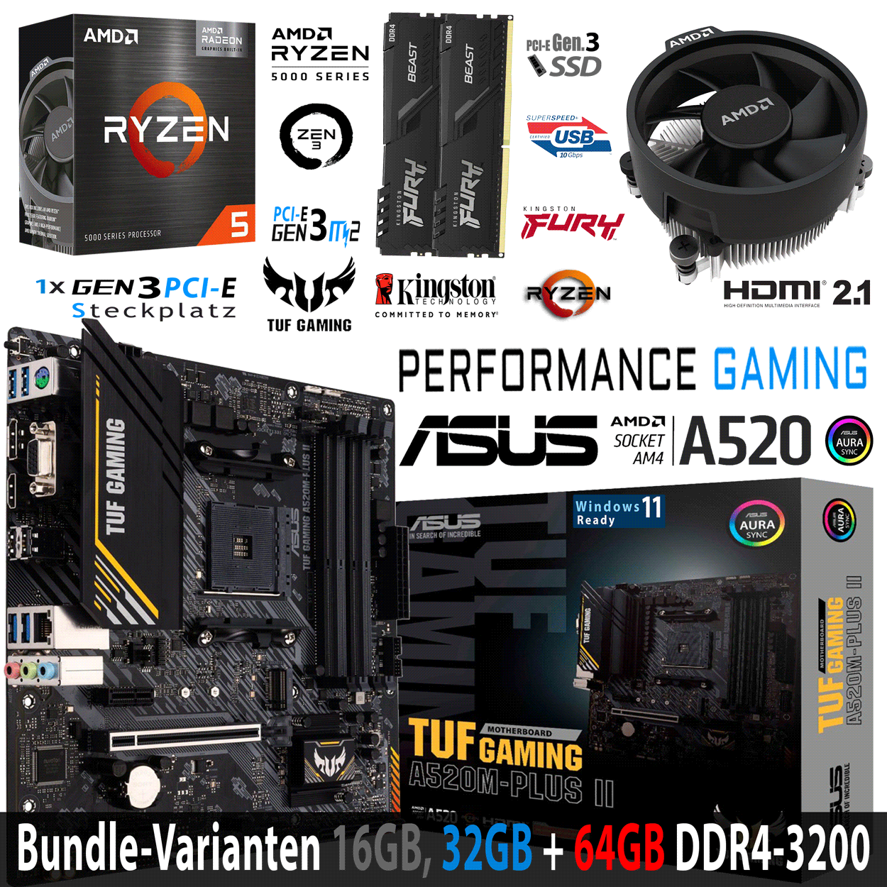 PC Bundle - AMD Ryzen 5 5500GT - ASUS TUF GAMING A520M-PLUS II - 16GB DDR4-3200 Dual Kit schwarz PC Bundle - AMD Ryzen 5 5500GT - ASUS TUF GAMING A520M-PLUS II - 16GB DDR4-3200 Dual Kit schwarz