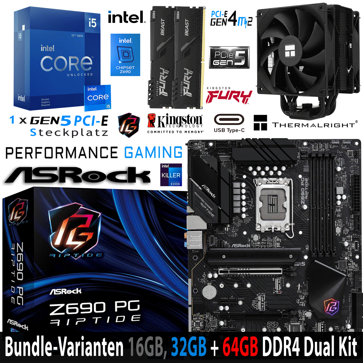 PC Bundle - Intel Core i5 12600KF - ASRock Z690 PG Riptide DDR4 - 16GB Fury Beast DDR4-3200MHz Dual Kit