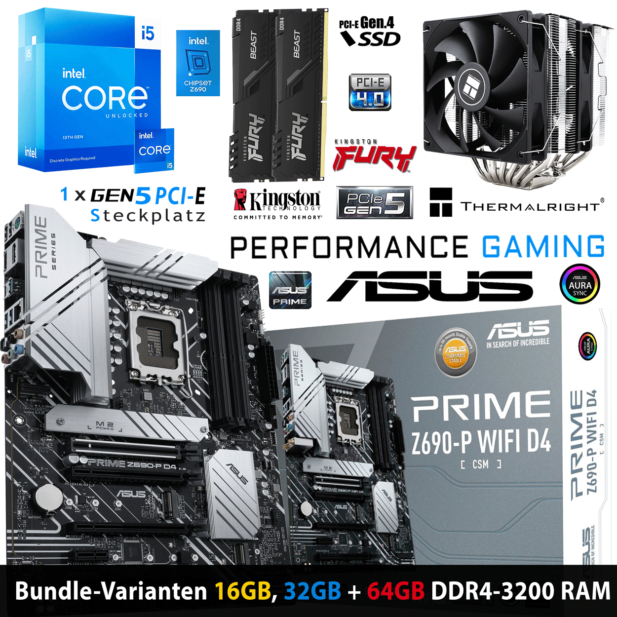 PC Bundle • Intel Core i5 13600KF • ASUS PRIME Z690-P D4-CSM • 16GB Fury Beast DDR4-3200MHz RAM schwarz