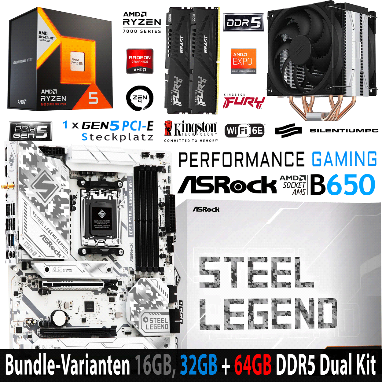 PC Bundle - AMD Ryzen 5 7600X3D - ASRock B650 Steel Legend WiFi - 16GB Kingston Fury Beast DDR5-6000 Kit