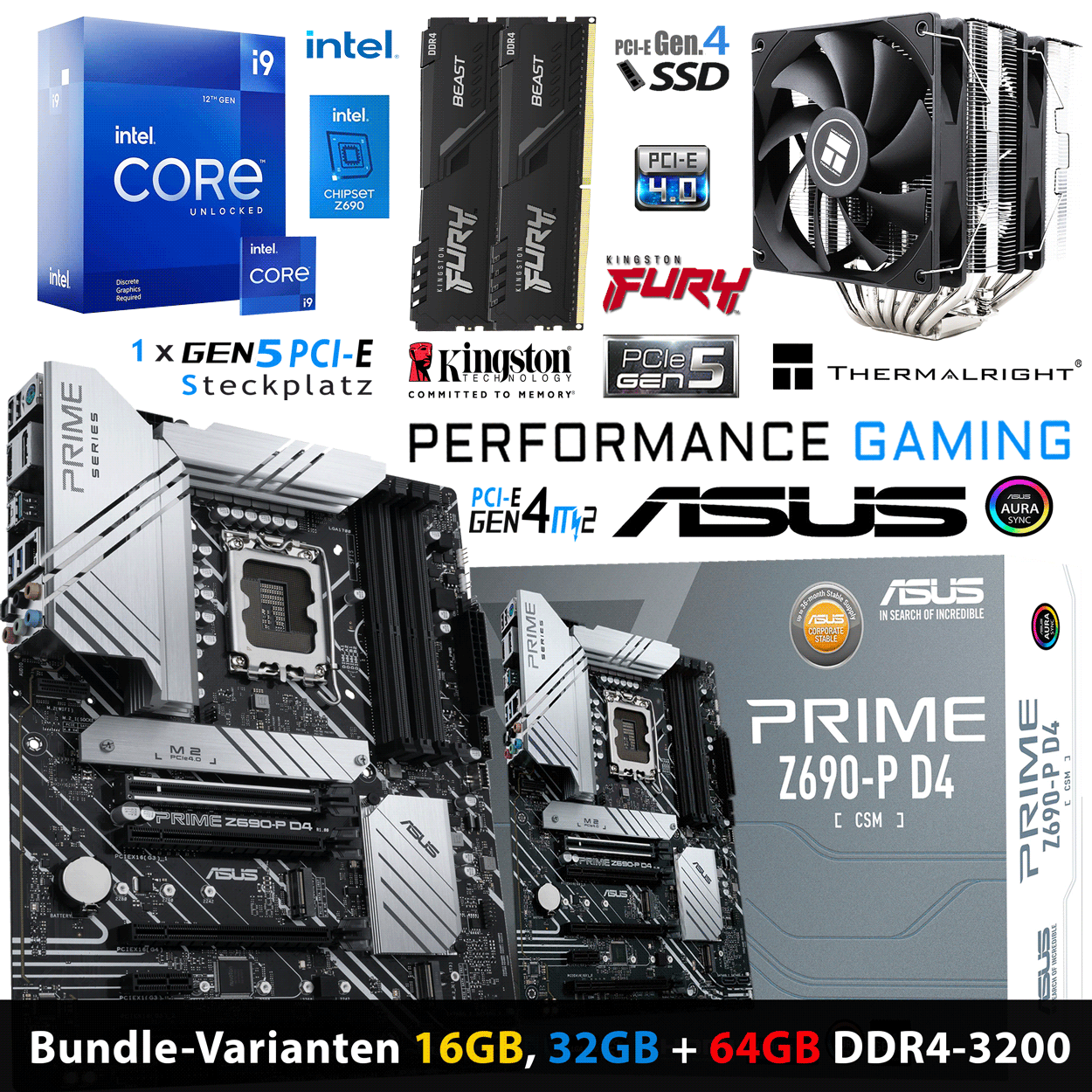 PC Bundle • Intel Core i9 12900KF • ASUS PRIME Z690-P D4-CSM • 16GB Fury BeastDDR4-3200MHz Dual Kit schwarz