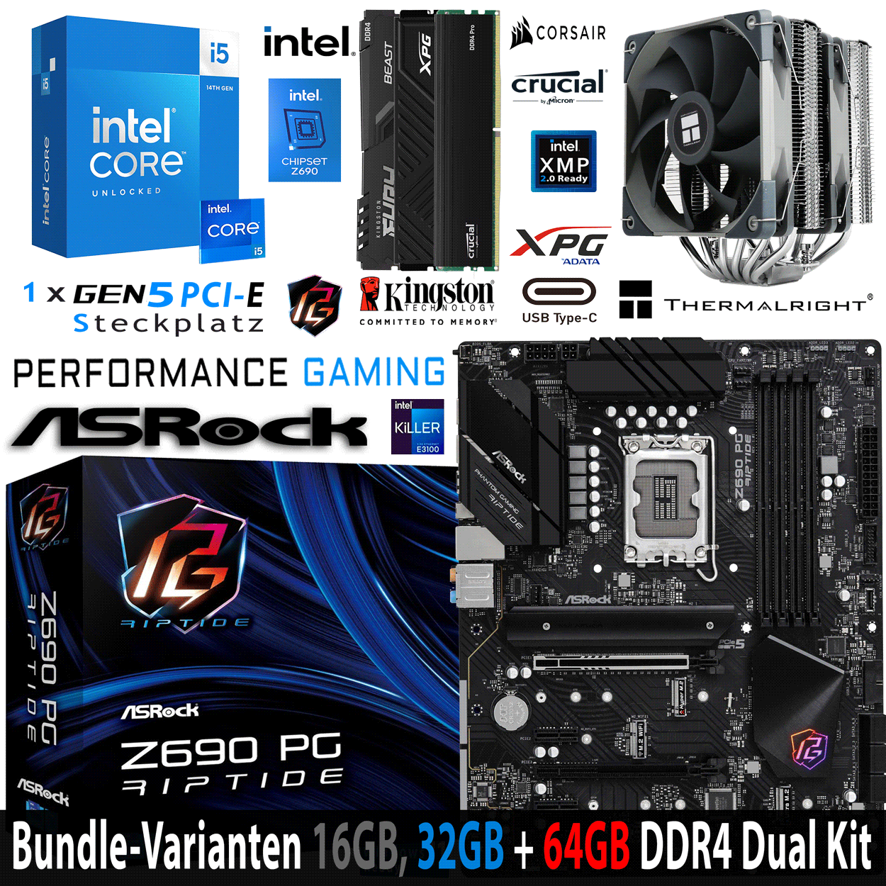 PC Bundle -  Intel Core i5 14600K - ASRock Z690 PG Riptide DDR4 - 16GB Fury Beast DDR4-3200MHz Dual Kit