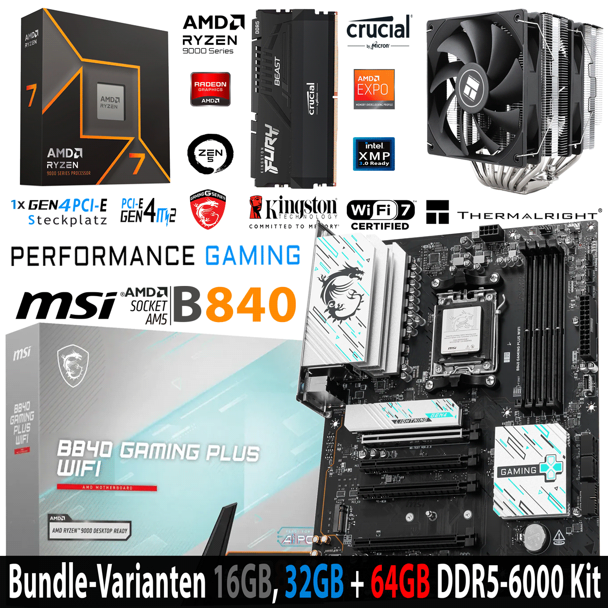 PC Bundle - AMD Ryzen 7 9700X - MSI B840 Gaming Plus Wifi7 - 16GB Kingston Fury Beast DDR5-6000 Kit
