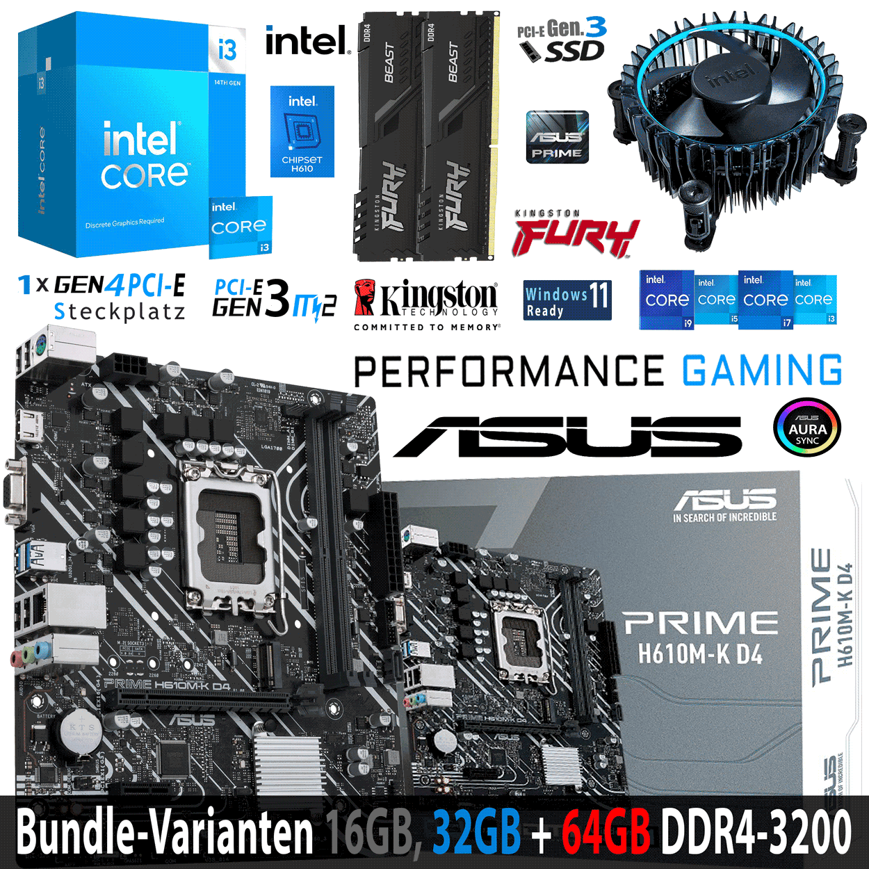 PC Bundle - Intel Core i3 14100F - ASUS Prime H610M-K D4 - 16GB Fury Beast DDR4-3200MHz Kit schwarz