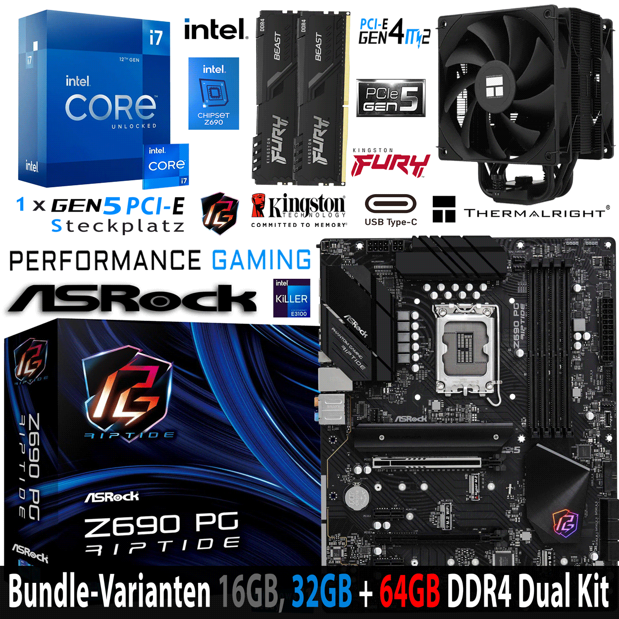 PC Bundle - Intel Core i7 12700K - ASRock Z690 PG Riptide DDR4 - 16GB Fury Beast DDR4-3200MHz Dual Kit