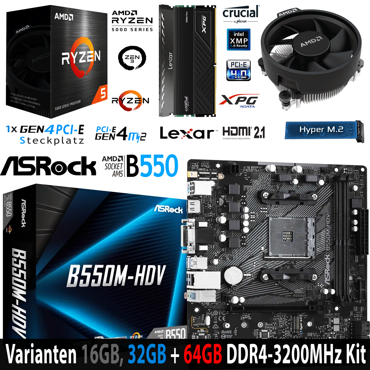 PC Bundle - AMD Ryzen 5 5500 Box - ASRock B550M-HDV DDR4 Mainboard - 16GB DDR4-3200 Kit